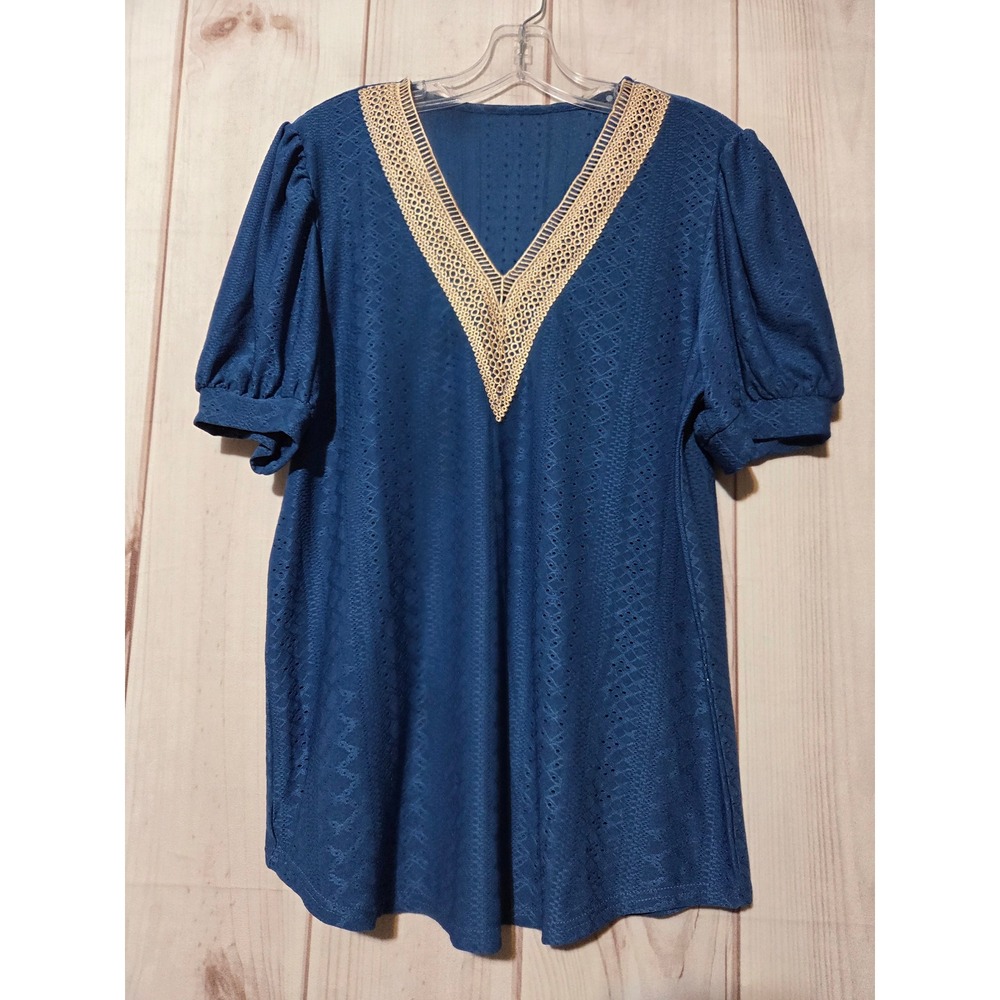Womens Blue Lace Trim V Neck Puff Sleeve Knit Top Size L